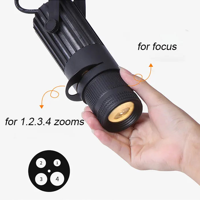 Faretti zoom da palcoscenico per teatro, luci a binario per proiettore con logo con messa a fuoco a LED, luci Gobo industriali per matrimoni in negozi di ristoranti aziendali