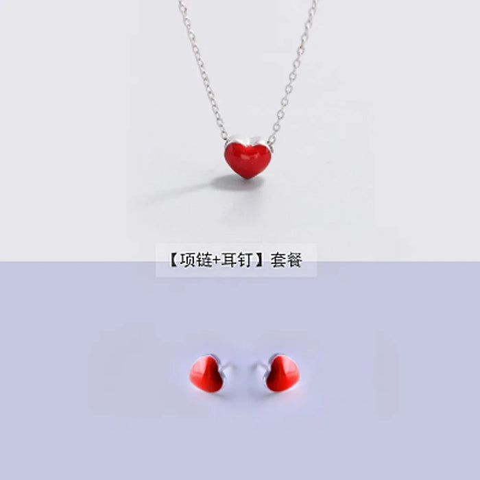 Orecchini ad ago in argento 925 + collana per set di gioielli da donna Orecchini a bottone a forma di cuore con smalto rosso minuscolo carino per ragazze Regalo per bambini