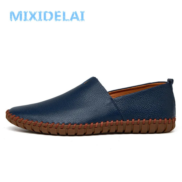 MIXIDELAI Mocassini da uomo in vera pelle di mucca Mocassini fatti a mano in morbida pelle blu Slip On Scarpe da barca da uomo PLUS TAGLIA 38 ~ 47