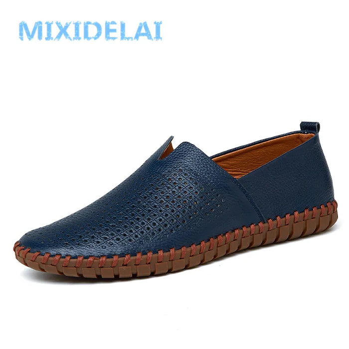 MIXIDELAI Mocassini da uomo in vera pelle di mucca Mocassini fatti a mano in morbida pelle blu Slip On Scarpe da barca da uomo PLUS TAGLIA 38 ~ 47
