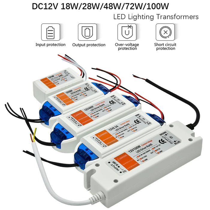 1 pz DC12V Alimentatore Led Driver 18 W / 28 W / 48 W / 72 W / 100 W Adattatore Trasformatore di Illuminazione Interruttore per LED Strip Plafoniera