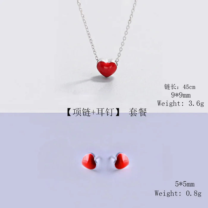 Orecchini ad ago in argento 925 + collana per set di gioielli da donna Orecchini a bottone a forma di cuore con smalto rosso minuscolo carino per ragazze Regalo per bambini