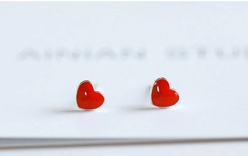 Orecchini ad ago in argento 925 + collana per set di gioielli da donna Orecchini a bottone a forma di cuore con smalto rosso minuscolo carino per ragazze Regalo per bambini