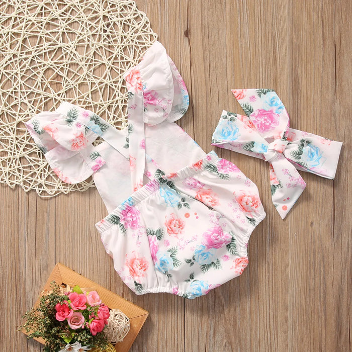 Citgeett 2 pz/set Sveglio di Estate Infantile Del Bambino Delle Ragazze Floreale Senza Maniche Pagliaccetto + Fascia Per Capelli di Estate Prendisole Vestiti Outfit Set SS