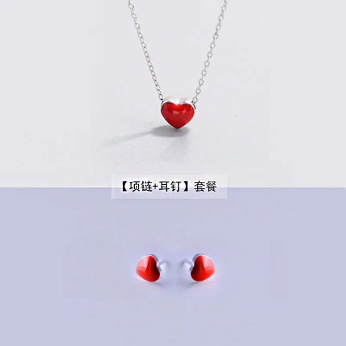 Orecchini ad ago in argento 925 + collana per set di gioielli da donna Orecchini a bottone a forma di cuore con smalto rosso minuscolo carino per ragazze Regalo per bambini
