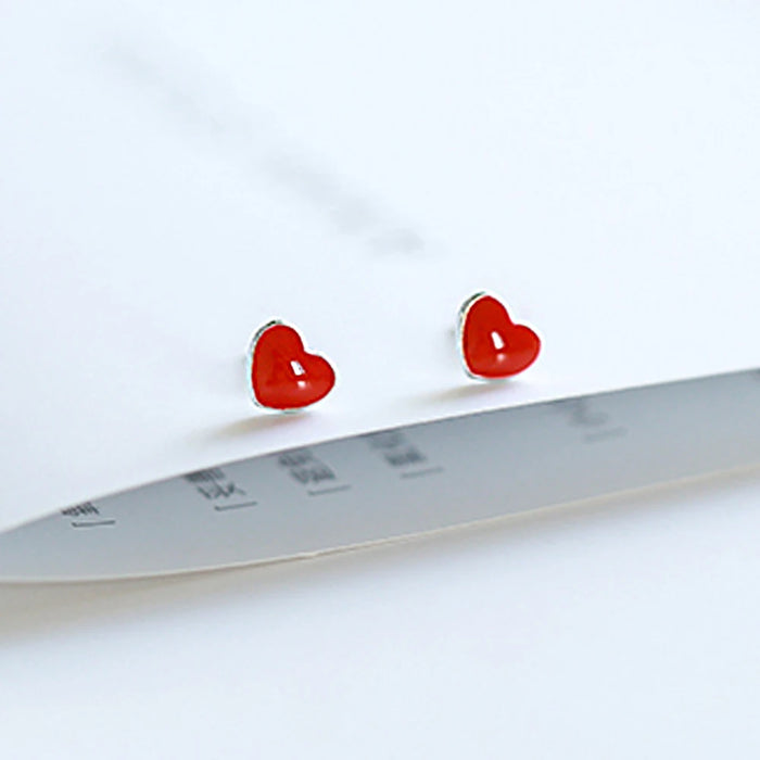 Orecchini ad ago in argento 925 + collana per set di gioielli da donna Orecchini a bottone a forma di cuore con smalto rosso minuscolo carino per ragazze Regalo per bambini