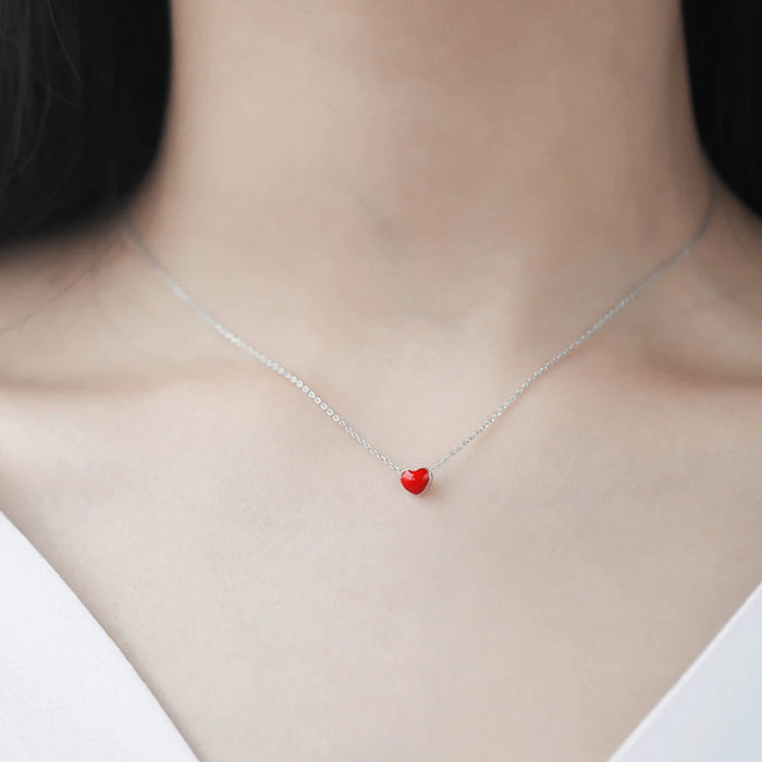 Orecchini ad ago in argento 925 + collana per set di gioielli da donna Orecchini a bottone a forma di cuore con smalto rosso minuscolo carino per ragazze Regalo per bambini