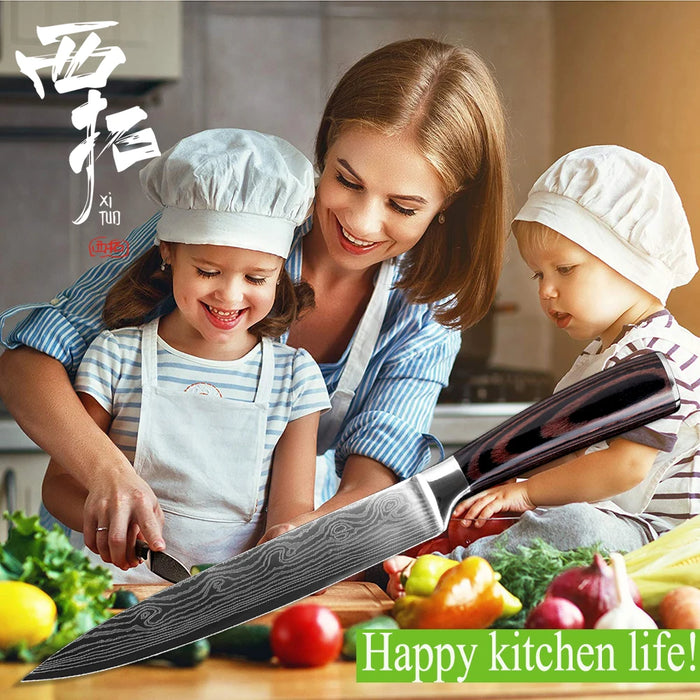 Set di coltelli da cucina premium Coltello da chef giapponese affilato Coltello Santoku con motivo damasco laser Mannaia da taglio molto veloce 1-10 pezzi