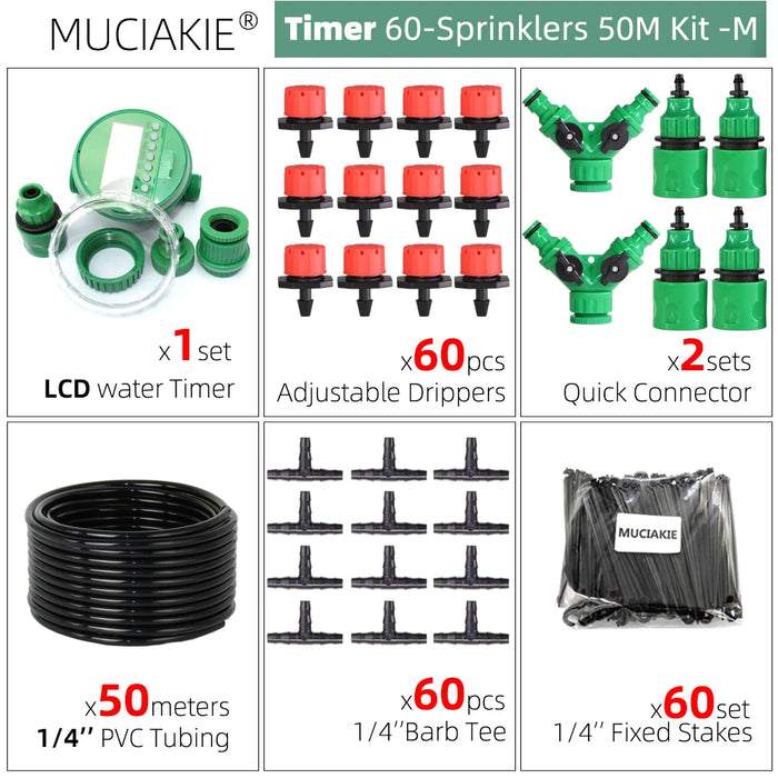 MUCIAKIE 50M-5M Sistema di irrigazione a goccia fai-da-te Irrigazione automatica Tubo da giardino Micro Kit di irrigazione a goccia con gocciolatori regolabili
