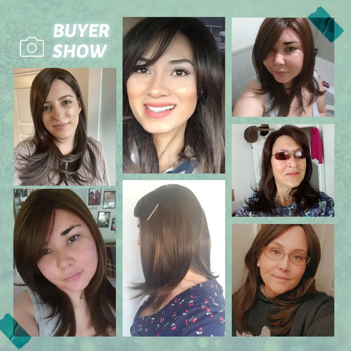 ESIN Parrucca sintetica marrone scuro Parrucche a onde lunghe per donna Parrucca per capelli con frangia Resistente al calore Uso naturale quotidiano per feste