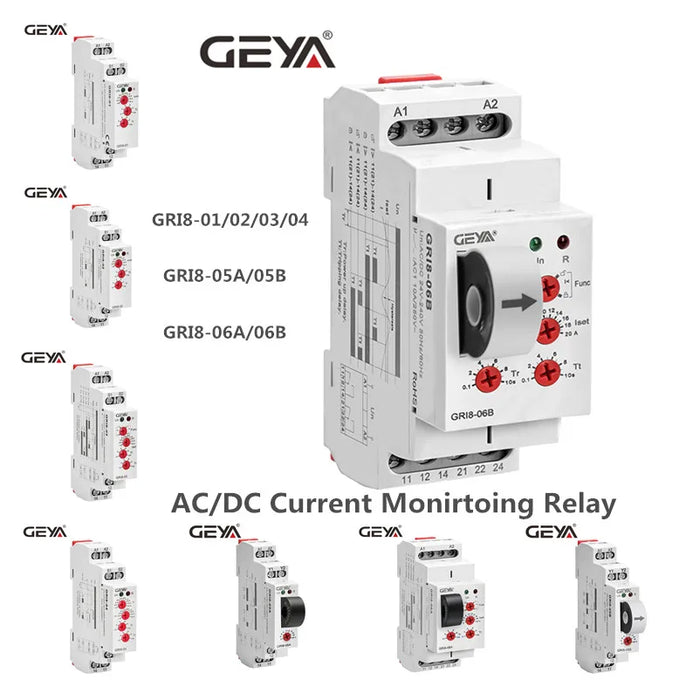 GEYA GRI8-01/02 Relè di monitoraggio corrente 0.5A 1A 2A 5A 8A 16A ACDC24V-240V Relè di protezione da sovracorrente da sovracorrente