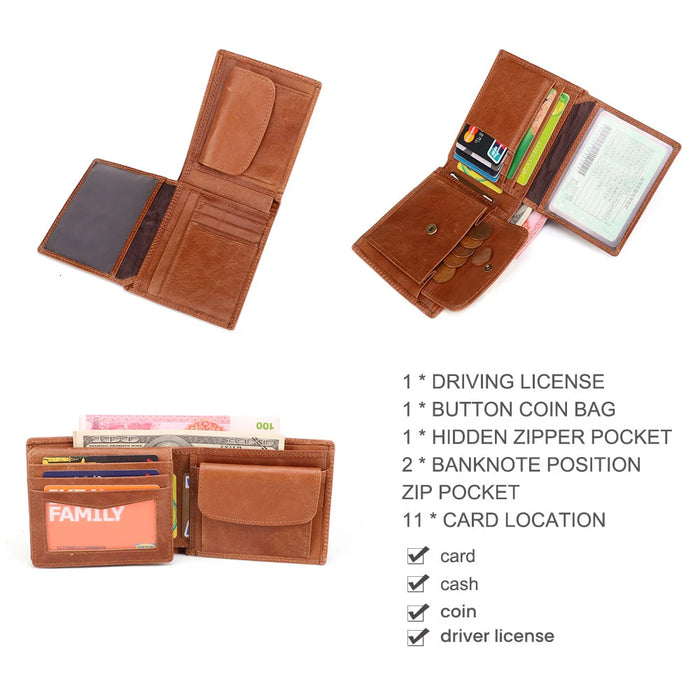 Portafogli da uomo in vera pelle di mucca con tasca portamonete portafoglio da uomo Vintage con blocco RFID portafoglio da uomo in vera pelle con porta carte