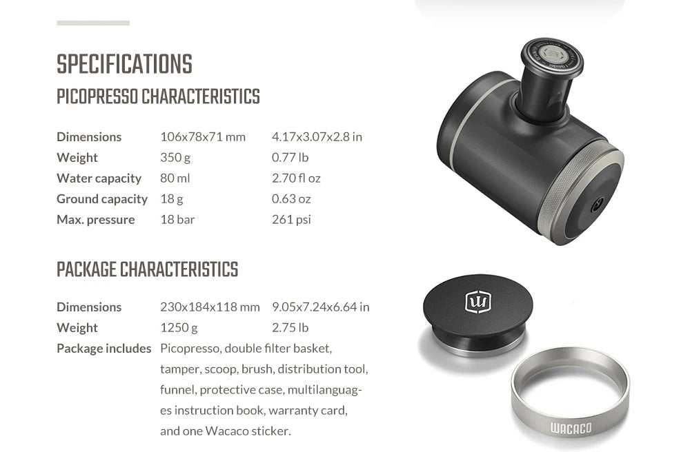 WACACO Picopresso Macchina per caffè espresso portatile, Macchina per caffè speciale, Caffè da viaggio a pressione da 18 bar, Regalo, Capodanno