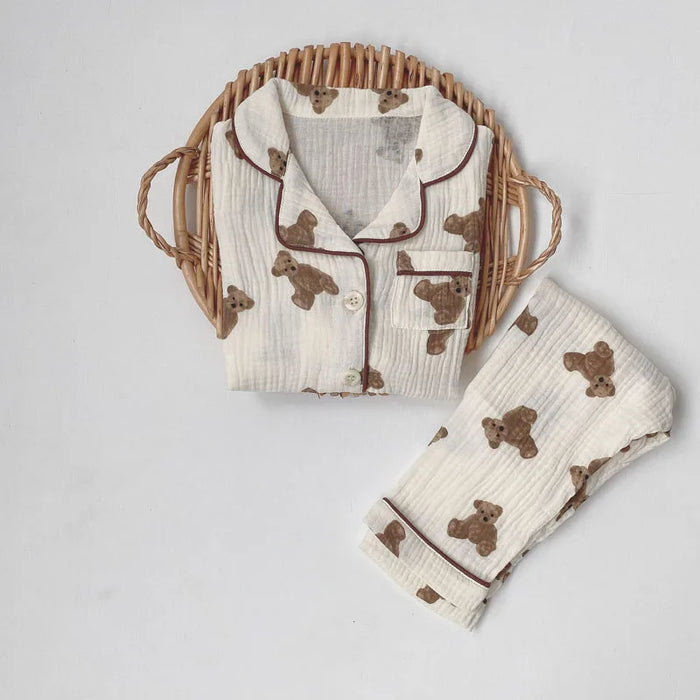 2 pezzi autunno nuovi pigiami per bambini coreano manica lunga stampa orso cardigan e pantaloni indumenti da notte in filato musline di cotone