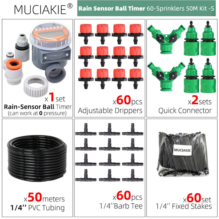 MUCIAKIE 50M-5M Sistema di irrigazione a goccia fai-da-te Irrigazione automatica Tubo da giardino Micro Kit di irrigazione a goccia con gocciolatori regolabili