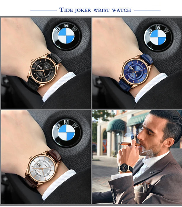 Orologio da uomo con quadrante in oro rosa di alta qualità Orologi impermeabili in pelle Business Fashion Movimento al quarzo giapponese Data Orologio maschile reloj