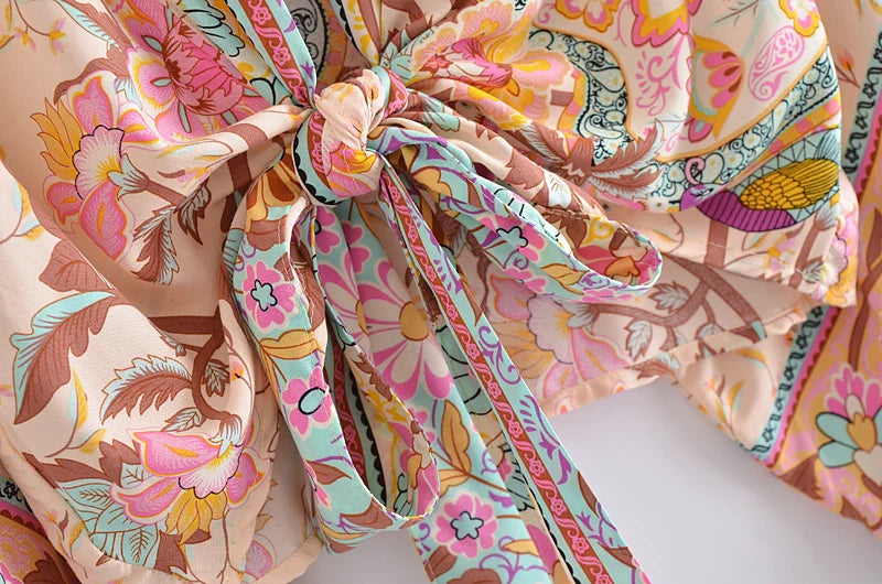Boho Vintage stampa floreale spiaggia estate Kimono corto donna moda donna Casual scollo a V maniche a pipistrello bohémien Cover-up