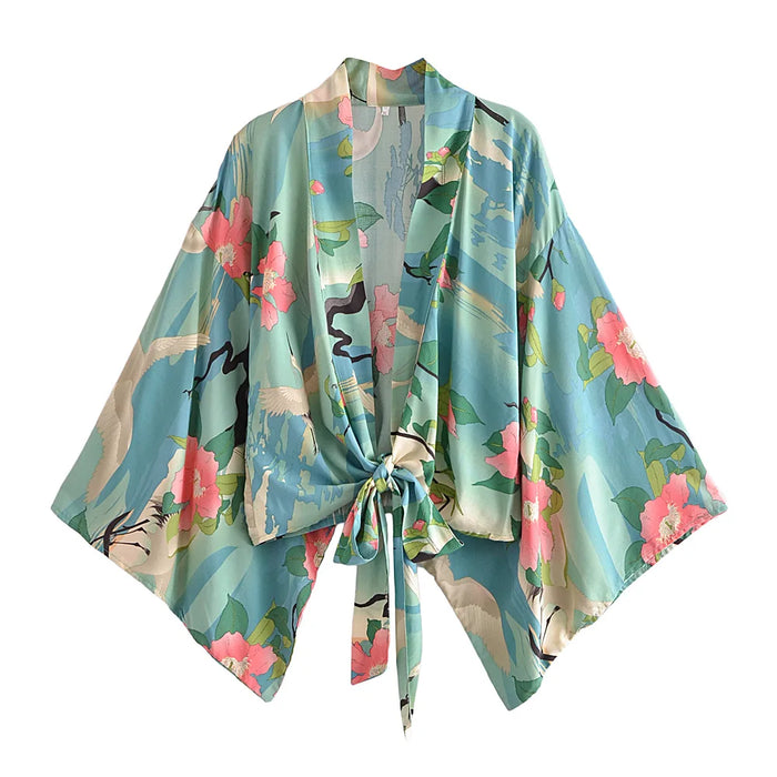 Boho Vintage stampa floreale spiaggia estate Kimono corto donna moda donna Casual scollo a V maniche a pipistrello bohémien Cover-up