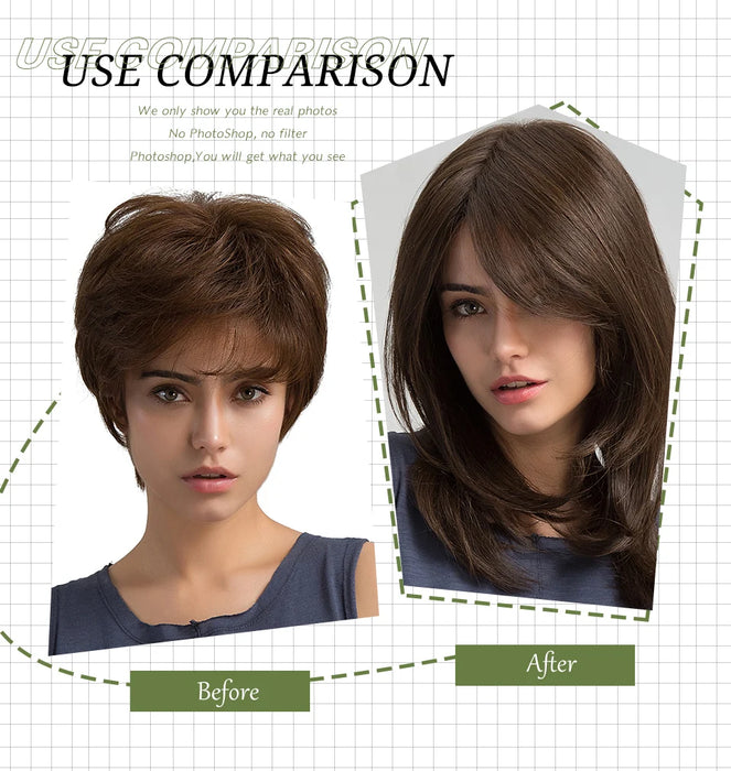 ESIN Parrucca sintetica marrone scuro Parrucche a onde lunghe per donna Parrucca per capelli con frangia Resistente al calore Uso naturale quotidiano per feste