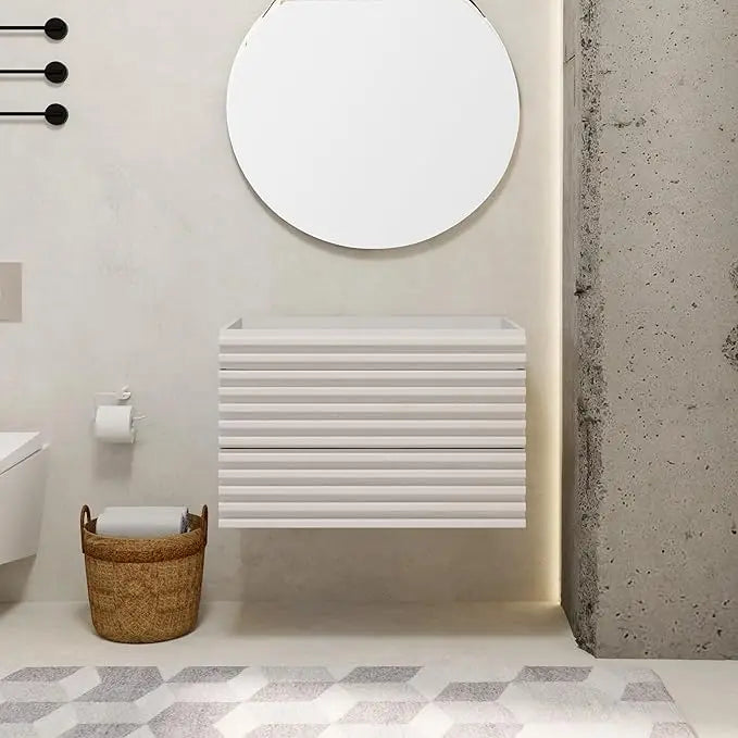 24" 30" 36" Mid-Century Wall Mounted Big Drawer Cabinet Wood Stripes Style Floating Bathroom Vanity with Ceramic Sink