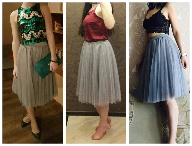 Gonne in Tulle TingYiLi a 4 strati gonna da donna in Tulle nero grigio bianco adulto gonna longuette a pieghe elastica a vita alta