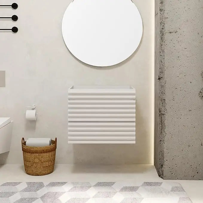 24" 30" 36" Mid-Century Wall Mounted Big Drawer Cabinet Wood Stripes Style Floating Bathroom Vanity with Ceramic Sink