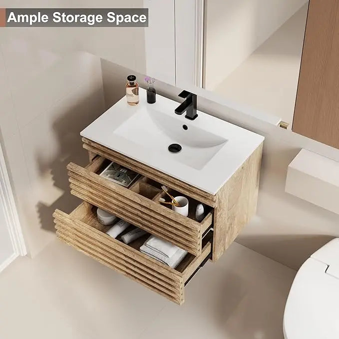 24" 30" 36" Mid-Century Wall Mounted Big Drawer Cabinet Wood Stripes Style Floating Bathroom Vanity with Ceramic Sink