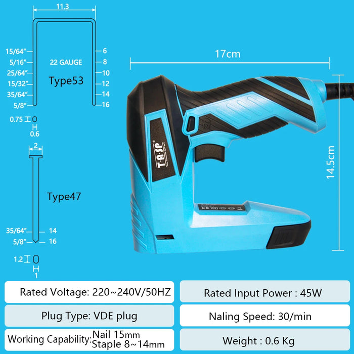 TASP 230V Cucitrice elettrica Costruzione di mobili Pistola sparachiodi Tacker 14mm Graffette e chiodi Utensili elettrici per tappezzeria domestica Fai da te