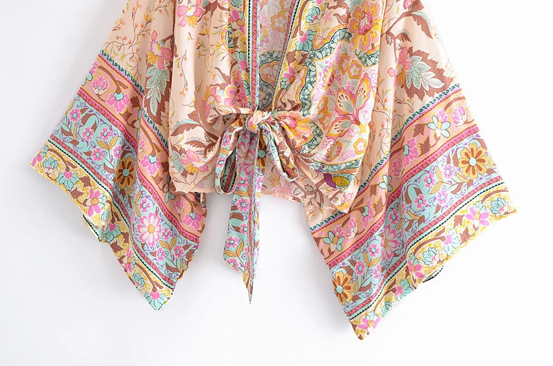 Boho Vintage stampa floreale spiaggia estate Kimono corto donna moda donna Casual scollo a V maniche a pipistrello bohémien Cover-up