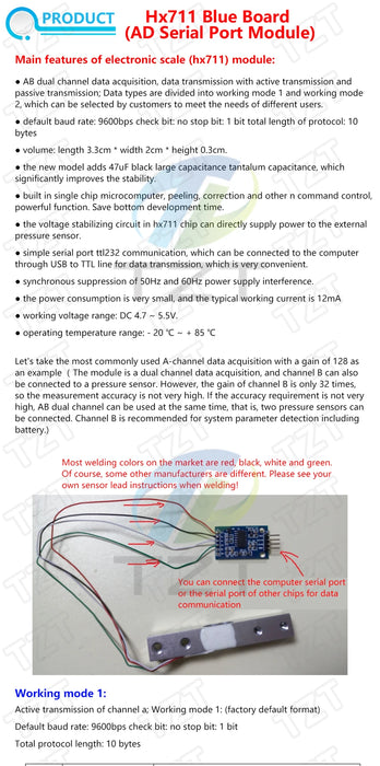 Cella di carico TZT 1KG 5KG 10KG 20KG HX711 Modulo AD Sensore di peso Bilancia elettronica Sensore di pressione di pesatura in lega di alluminio