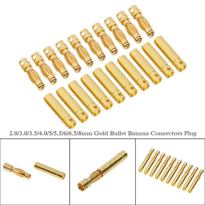 10 paia/lotto 2.0/3.0/3.5/4.0/5/5.5/6/6.5/8mm Gold Bullet Banana connettori spina per Lipo batteria RC ESC motore accessori fai da te giocattolo
