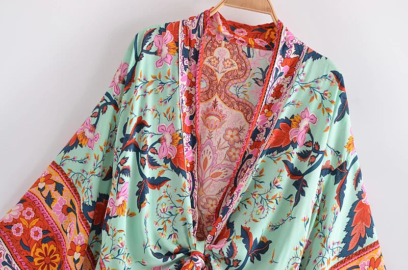 Boho Vintage stampa floreale spiaggia estate Kimono corto donna moda donna Casual scollo a V maniche a pipistrello bohémien Cover-up