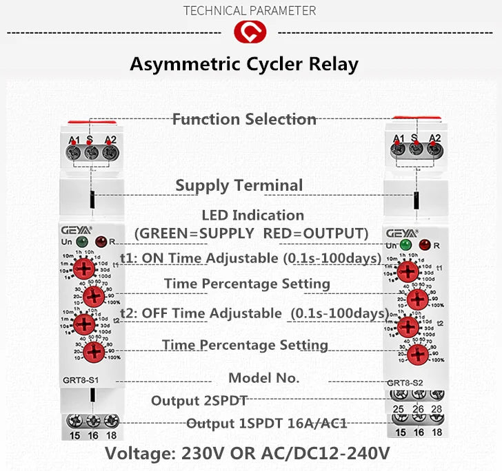 GEYA GRT8-S Relè timer ciclo asimmetrico SPDT 220V 16A AC/DC12V-240V Relè di ripetizione elettronico