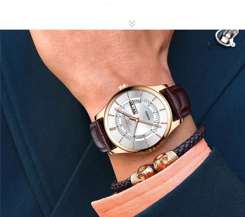 Orologio da uomo con quadrante in oro rosa di alta qualità Orologi impermeabili in pelle Business Fashion Movimento al quarzo giapponese Data Orologio maschile reloj