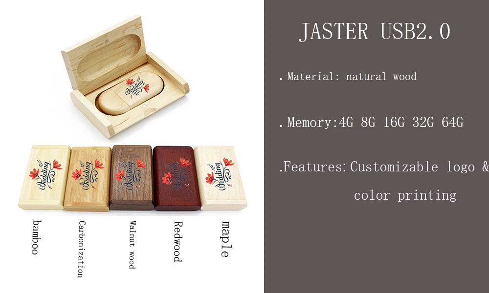 JASTER Logo in legno di alta qualità Incisione Chiavetta USB in legno 4 GB 8 GB 16 GB 32 GB 64 GB Regalo di nozze Scheda di memoria Flash Pen Drive
