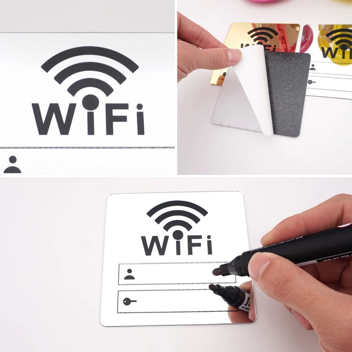 Segnale WIFI Adesivi murali specchio acrilico 3D Conto di scrittura riscrivibile e password per segnaletica di negozi pubblici