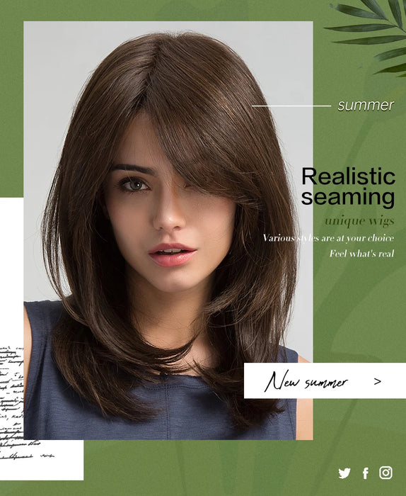 ESIN Parrucca sintetica marrone scuro Parrucche a onde lunghe per donna Parrucca per capelli con frangia Resistente al calore Uso naturale quotidiano per feste