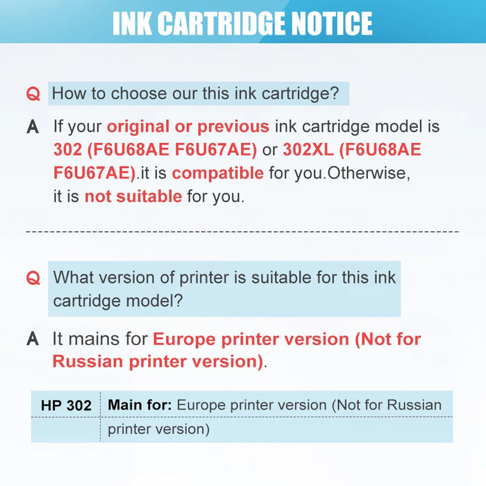 QSYRAINBOW 302XL Sostituzione rigenerata per cartuccia d'inchiostro HP 302 HP302 XL per stampante Deskjet 1110 1111 1112 2130 2131