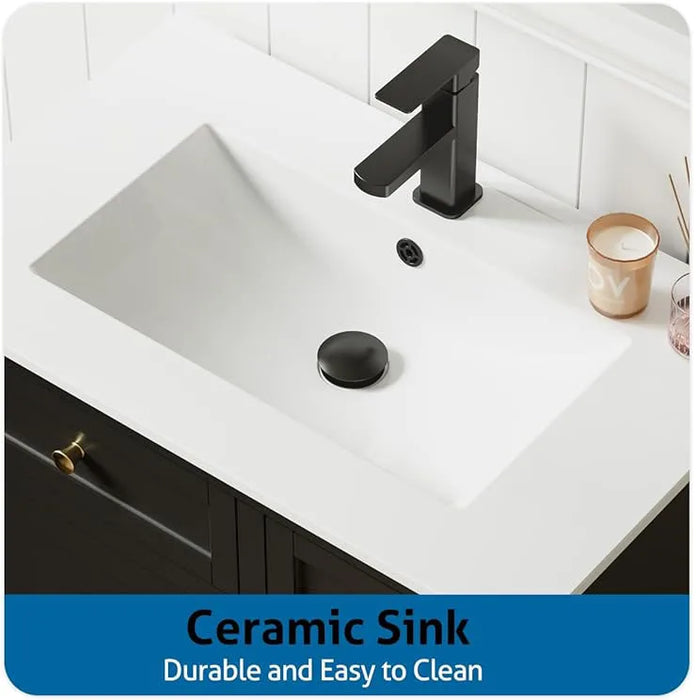 24" 30" 36" Mid-Century Wall Mounted Big Drawer Cabinet Wood Stripes Style Floating Bathroom Vanity with Ceramic Sink