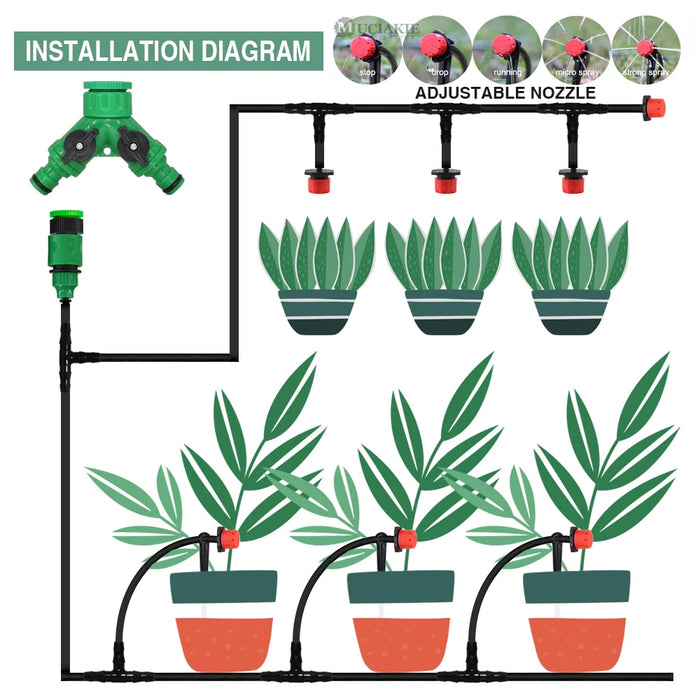 MUCIAKIE 50M-5M Sistema di irrigazione a goccia fai-da-te Irrigazione automatica Tubo da giardino Micro Kit di irrigazione a goccia con gocciolatori regolabili