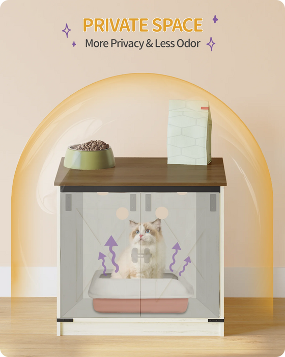 Lettiera per Gatti con Divisorio Rimovibile, Casetta per Gatti, Ingresso Reversibile Sinistra o Destra, Mobiletto Laterale, Marrone Vintage/Bianco