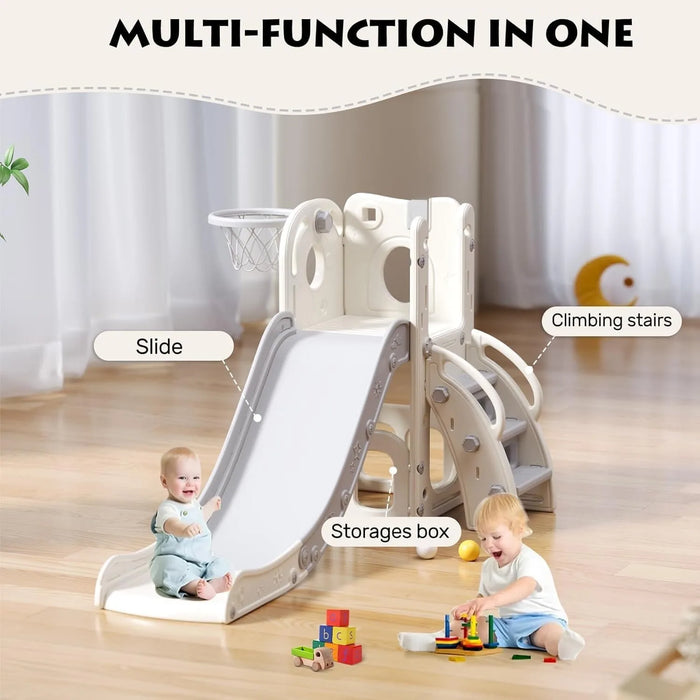 Scivolo per bambini, scivolo multifunzionale per bambini con box, spazio di archiviazione e gradini antiscivolo, pla per interni ed esterni (grigio bianco)