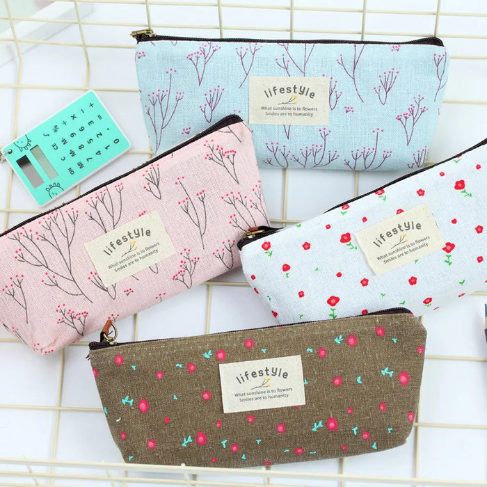 Cute Kawaii Floral Flower Canvas Zipper Pencil Cases Lovely Fabric Flower Tree Pen Bags materiale scolastico spedizione gratuita