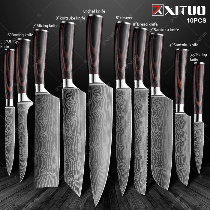 Set di coltelli da cucina premium Coltello da chef giapponese affilato Coltello Santoku con motivo damasco laser Mannaia da taglio molto veloce 1-10 pezzi
