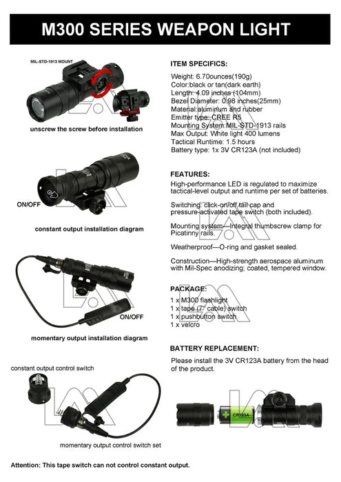 Tattico Surefire M300 M300A MINI Scout Luce Fucile Caccia Torcia A LED Airsoft Arma Pistola Luce Lanterna Torcia AR15 HK416