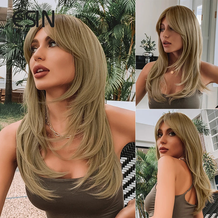 ESIN Parrucca sintetica marrone scuro Parrucche a onde lunghe per donna Parrucca per capelli con frangia Resistente al calore Uso naturale quotidiano per feste