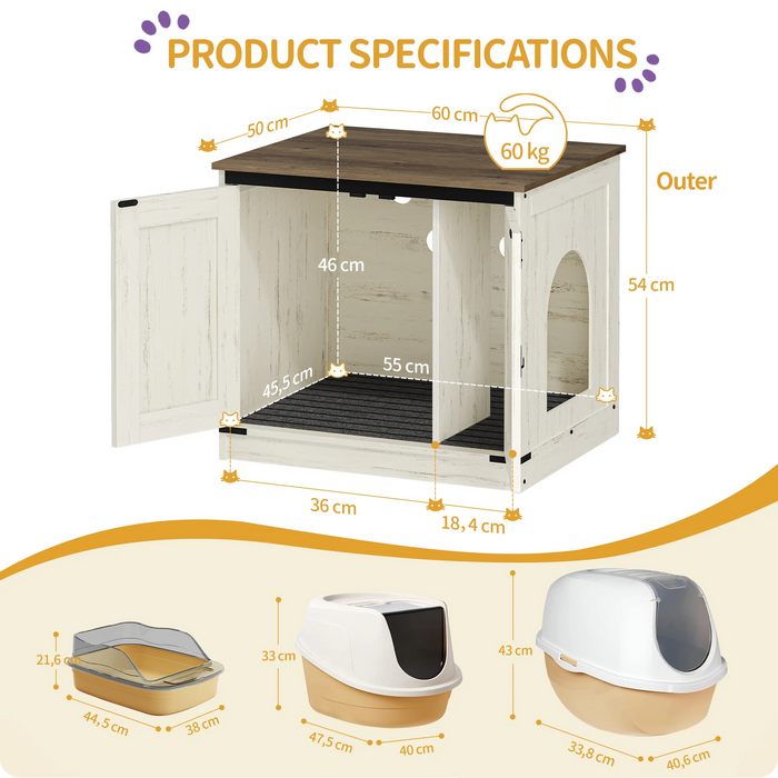 Lettiera per Gatti con Divisorio Rimovibile, Casetta per Gatti, Ingresso Reversibile Sinistra o Destra, Mobiletto Laterale, Marrone Vintage/Bianco