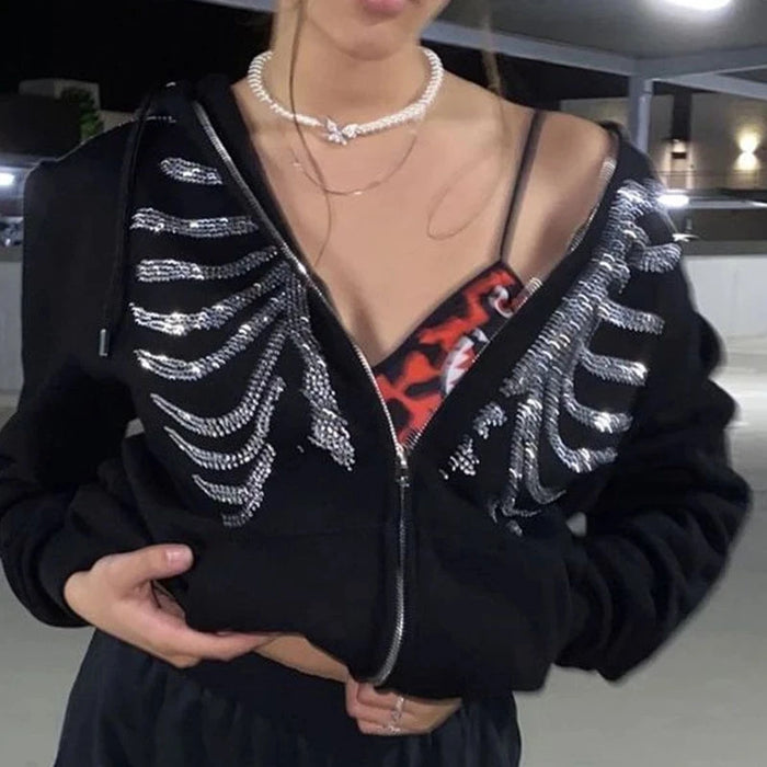 Y2K felpe con cappuccio scheletro strass donna gotico nero Zip Up felpe oversize donna Retro Harajuku giacca con cappuccio Streetwear