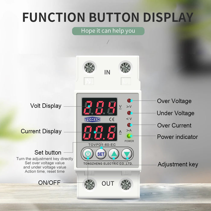 60A 230V Din Rail Regolabile Sopra E Sotto Tensione Dispositivo di Protezione Protector Relay con Sopra La Corrente di Protezione Voltmetro