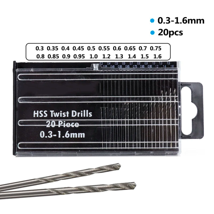 Set di punte elicoidali da 20mm 0.3mm-1.6mm da 20 pezzi Mini punta da trapano HSS in acciaio ad alta velocità per strumento di perforazione del metallo in legno